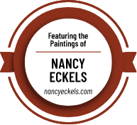 Badge that reads Featuring the Paintings of Nancy Eckels