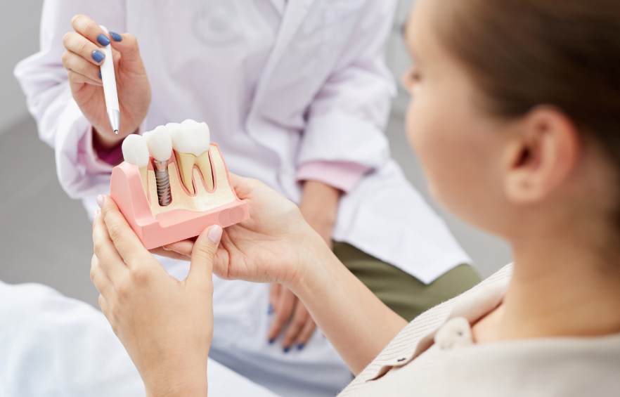 Dentist showing patient model dental implant